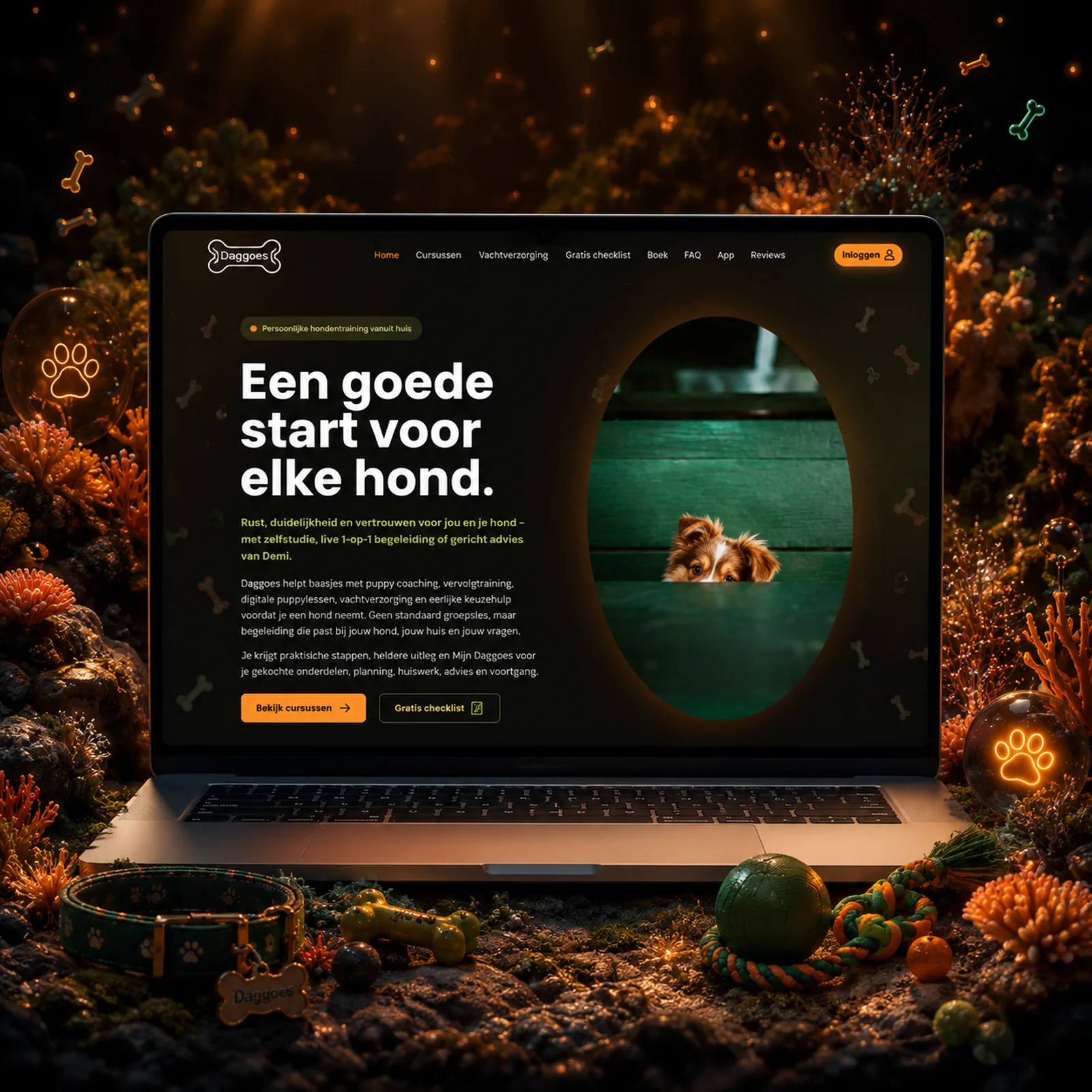 The Daggoes dog-training website displayed on a laptop in an orange-lit workspace