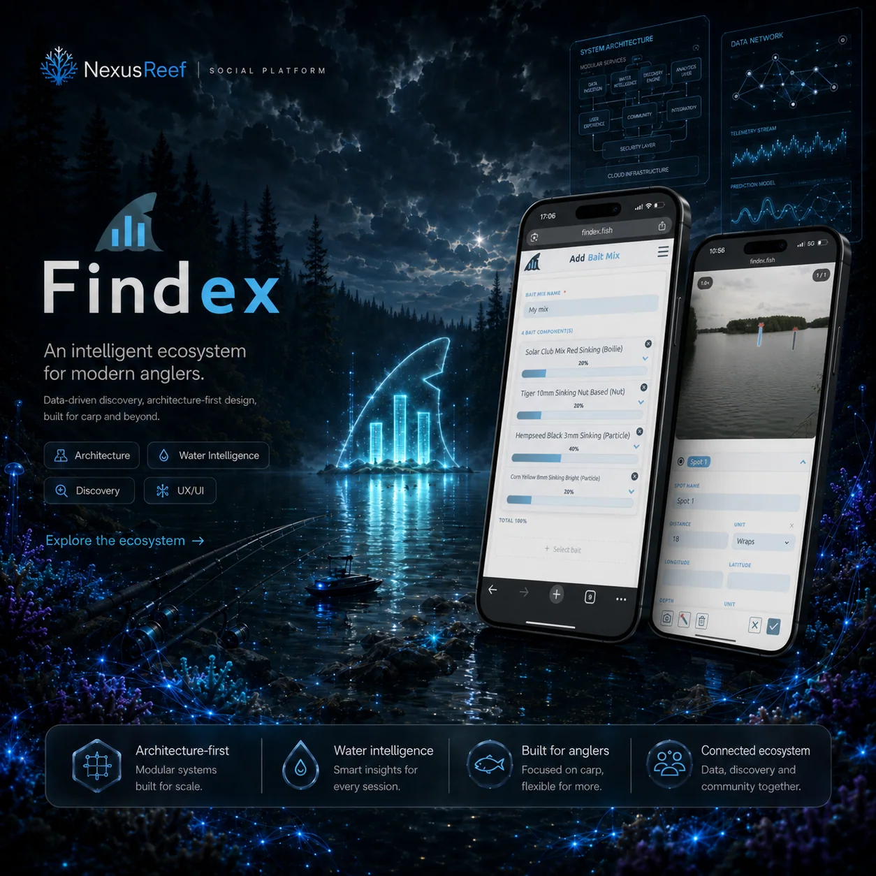 Findex mobile product screens for bait mixes and mapped fishing spots