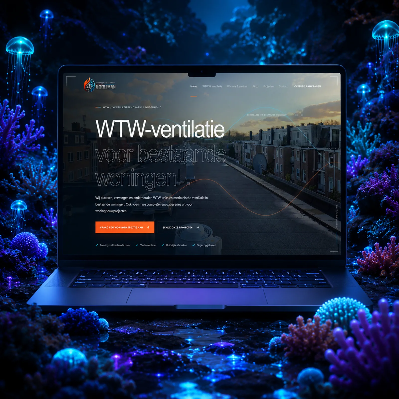 An installation company website displayed on a laptop in a blue reef-inspired setting