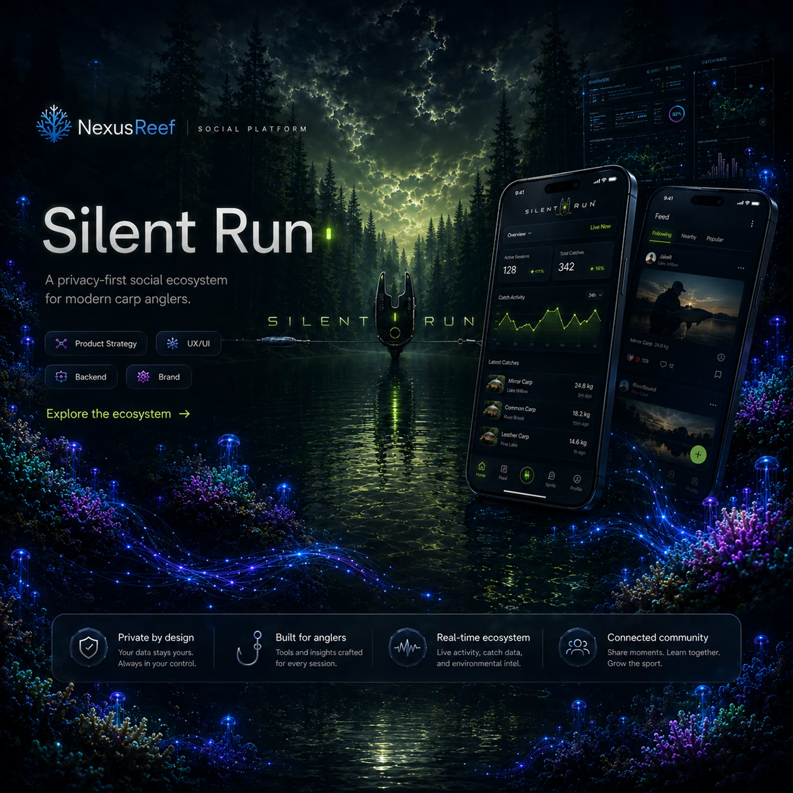 Silent Run mobile app screens for a privacy-first carp angling community