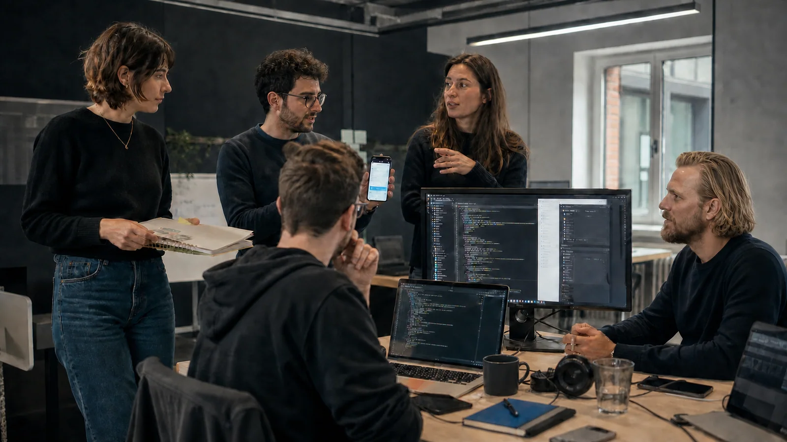 A multidisciplinary product team collaborating on software and mobile interfaces